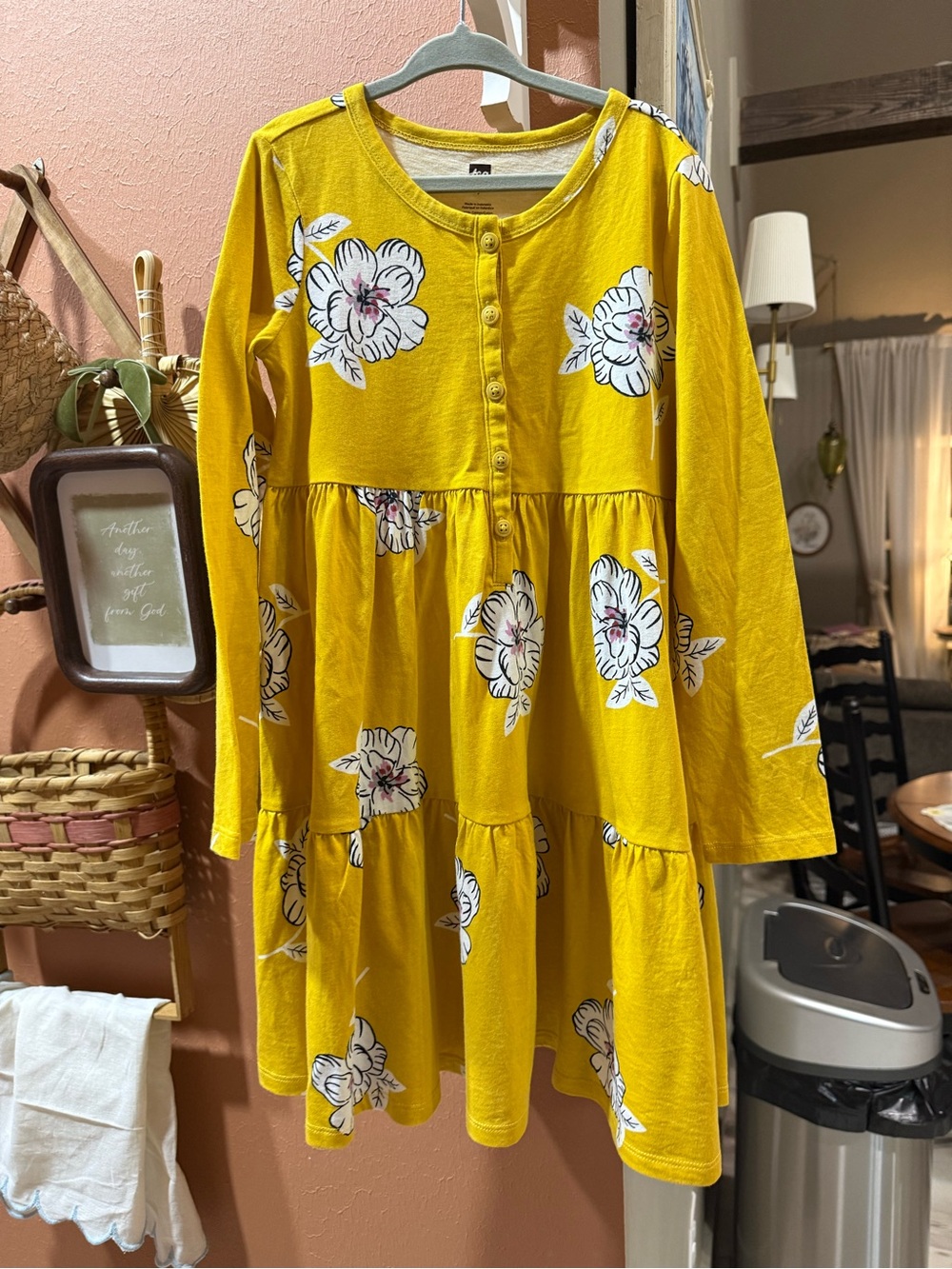 Tea Collection Mustard Yellow Floral Tiered Long-Sleeve Dress